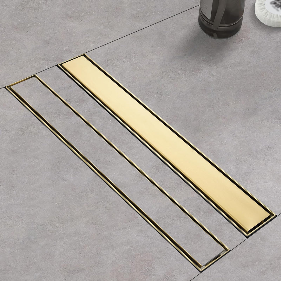 Kuaisailsk linear drain with tile insert panels for modern showers, efficient water flow.