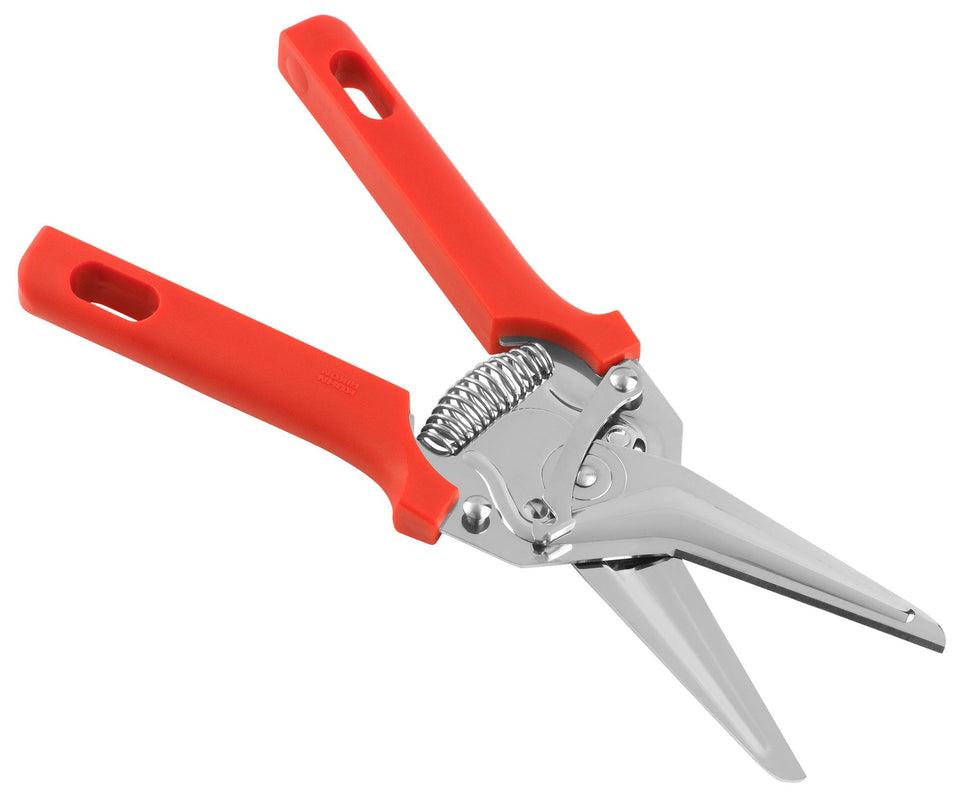 Kuhn Rikon Classic Snips 8in red blades close-up, ultra sharp edge