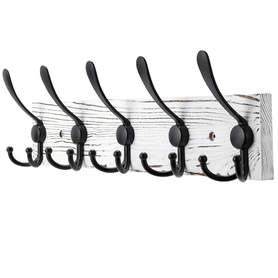 Kuhome coat rack wall mount white plank with five black triple hooks for organized entryways
