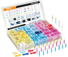 Kuject 500PCS heat shrink connectors front view in organized kit box, ideal for durable connections.