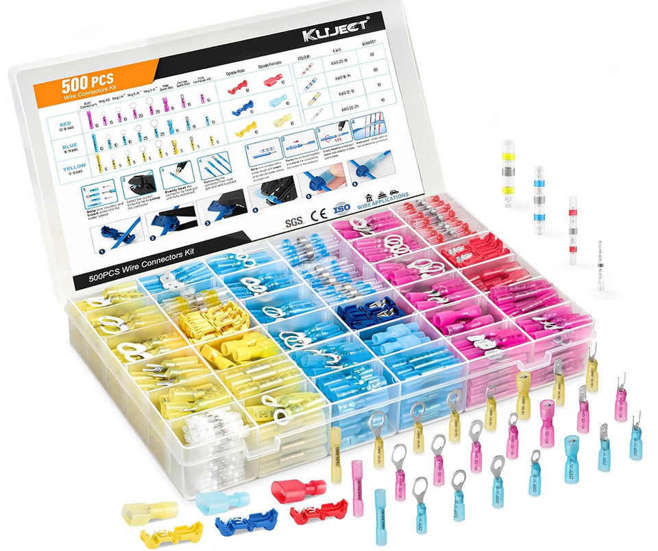 Kuject 500PCS heat shrink connectors front view in organized kit box, ideal for durable connections.