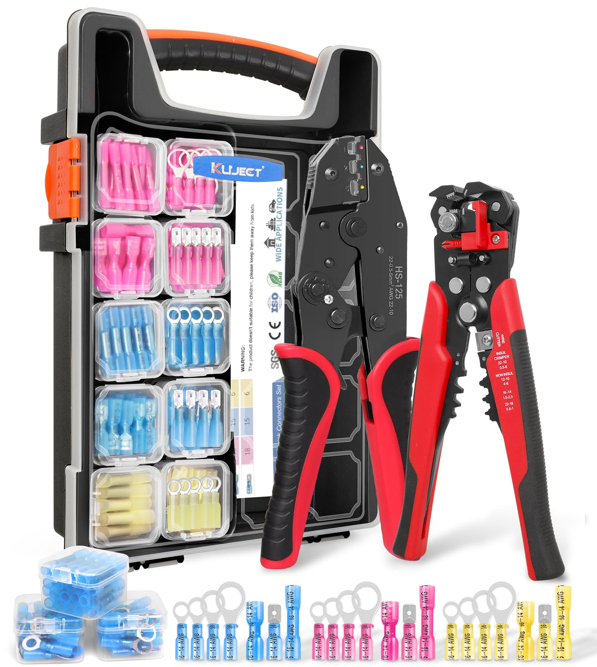 Kuject crimping tool kit case open with organized compartments for quick repairs.