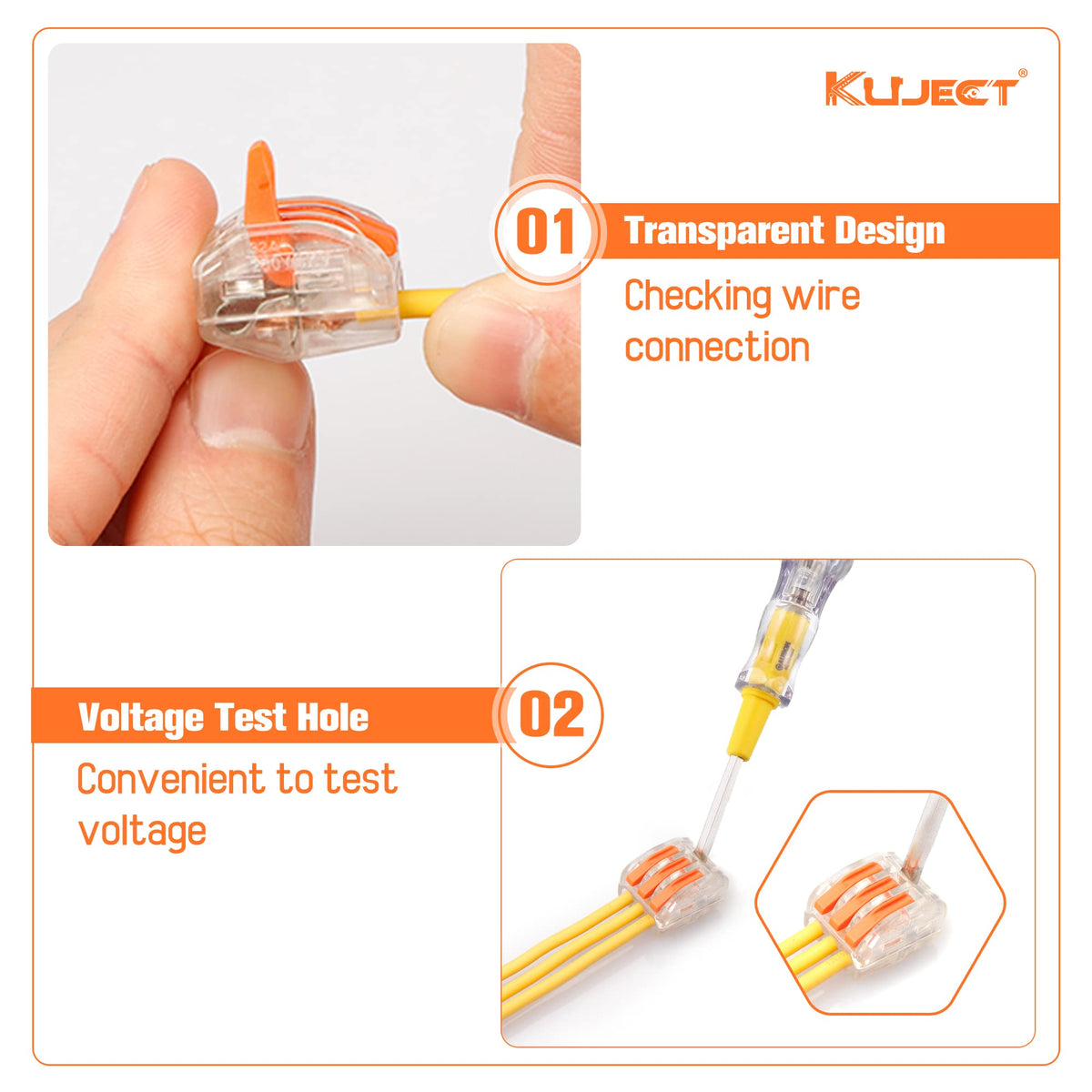 Kuject lever nuts show flame-retardant material for safer wiring.