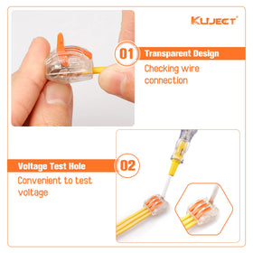 Kuject lever nuts show flame-retardant material for safer wiring.