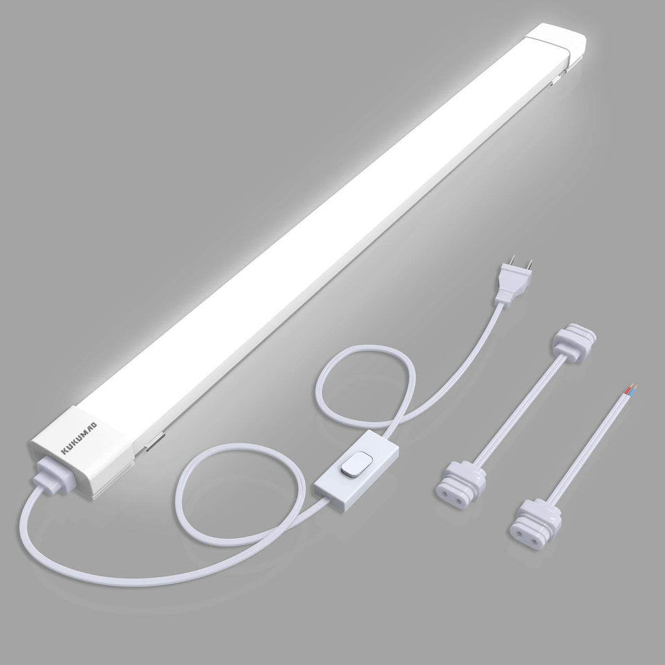 KUKUMAO 4ft plug-and-play LED shop light for quick garage installation.