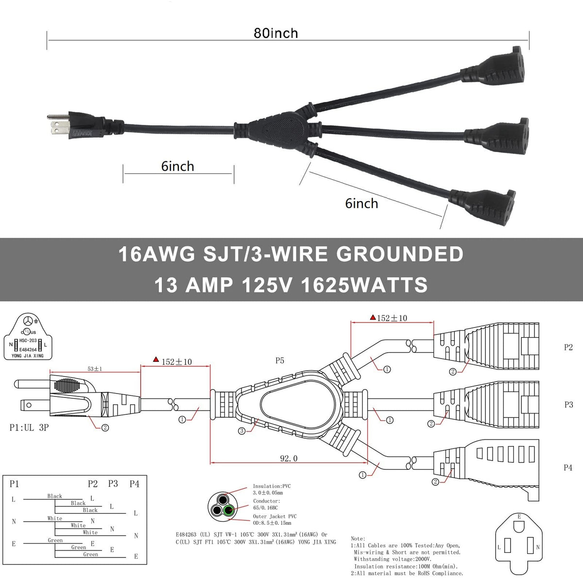 KUNCAN NEMA 5-15P to 3x5-15R configuration for expanded outlets
