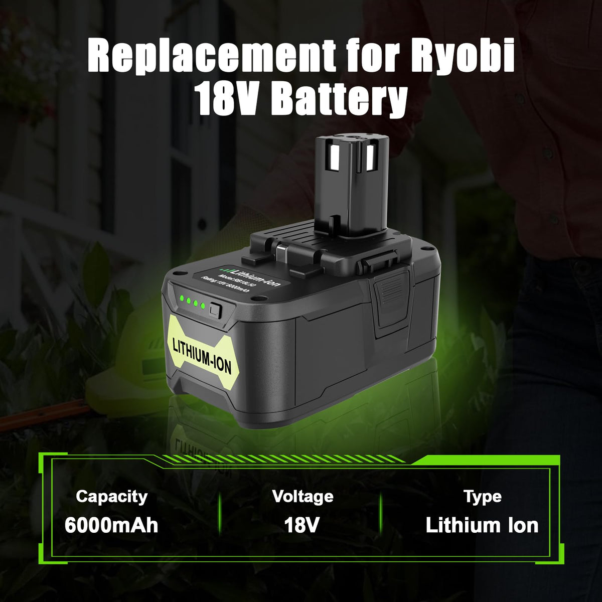 KUNLUN 6.0Ah Ryobi battery label details and specs.