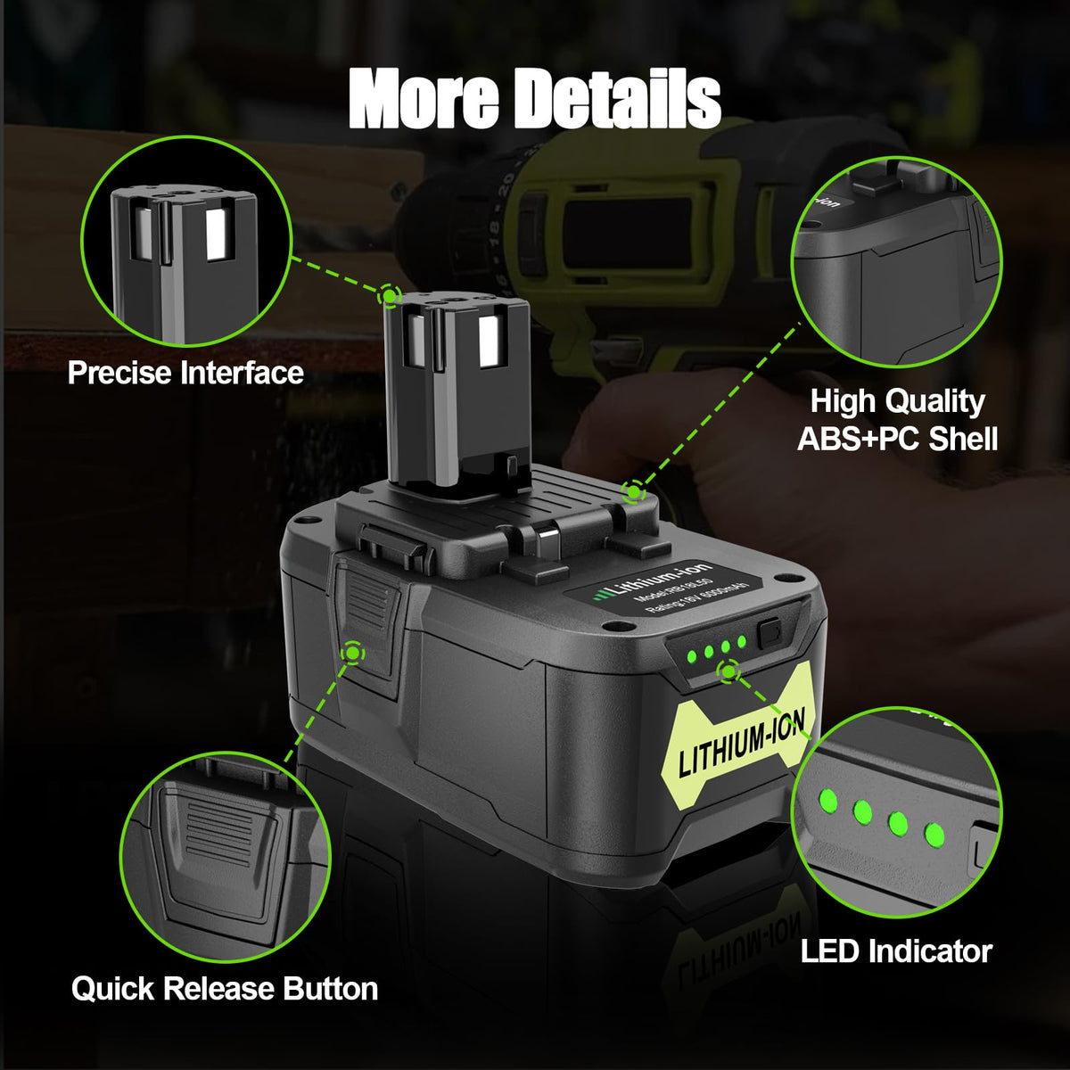 KUNLUN 6.0Ah Ryobi battery with LED indicator display.
