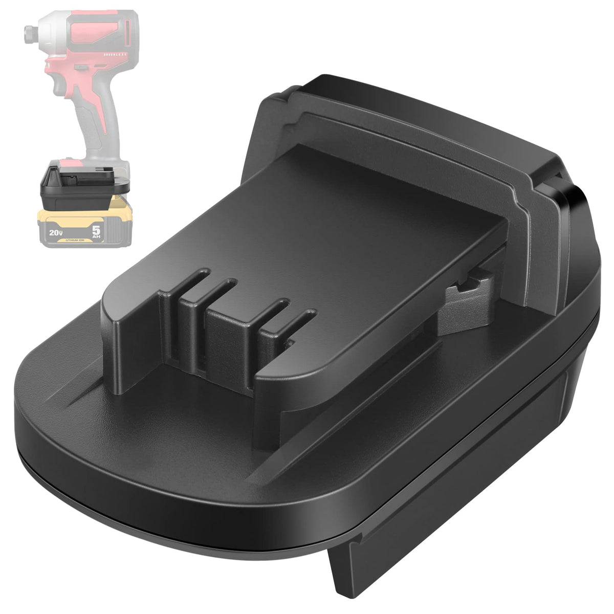 Kunlun DL18ML adapter closeup shows seamless Dewalt-to-Milwaukee power conversion