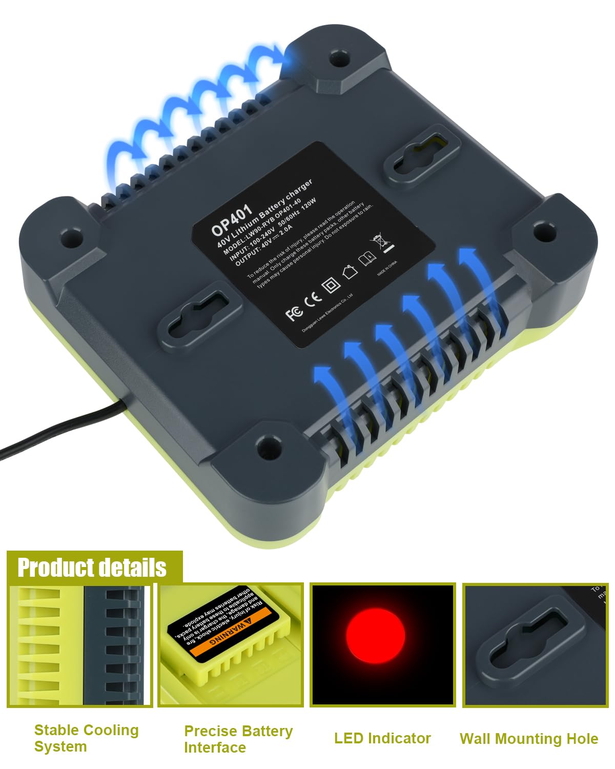 KUNLUN OP401 input 100-240V, output 40V 2.0A for fast charging.