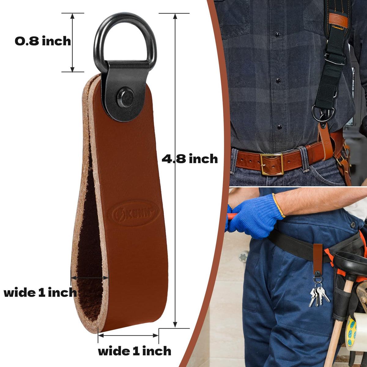 KUNN brown leather loops highlight durable finish and versatile fit for tool belts.