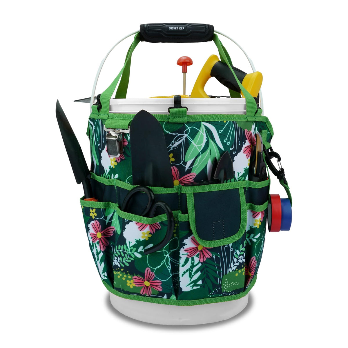 KUNN 18-pocket bucket tool organizer keeps garden tools neatly sorted and accessible.
