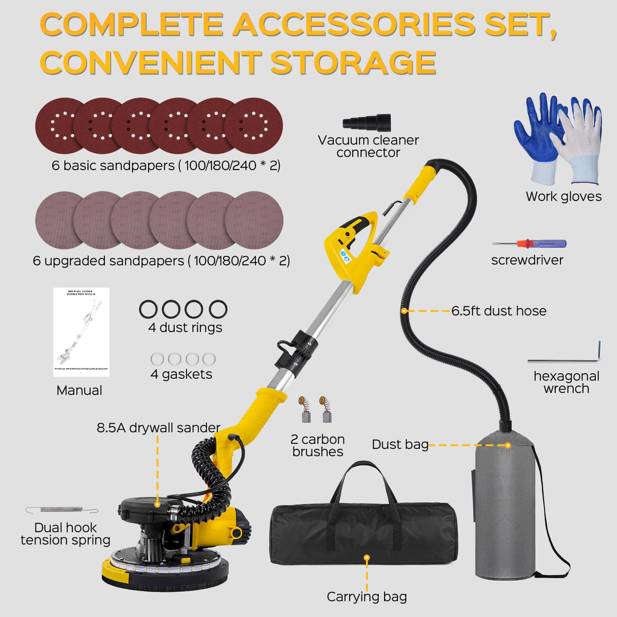 KUPERIA drywall sander includes sandpaper packs and accessories for quick setup.