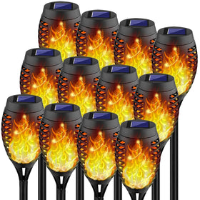Kurifier 12-pack flame torch lights ready for yard decor and easy installation.