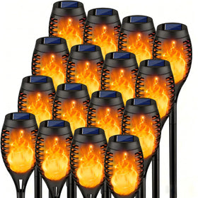 Kurifier solar torch lights with flickering flame for warm outdoor ambiance.