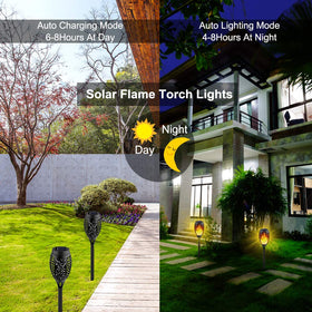 Kurifier solar torch lights illuminate a garden path for outdoor use.
