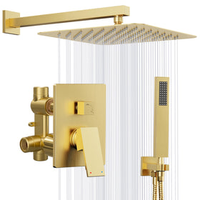 Kurpot gold shower head 10in square for wide, immersive coverage.