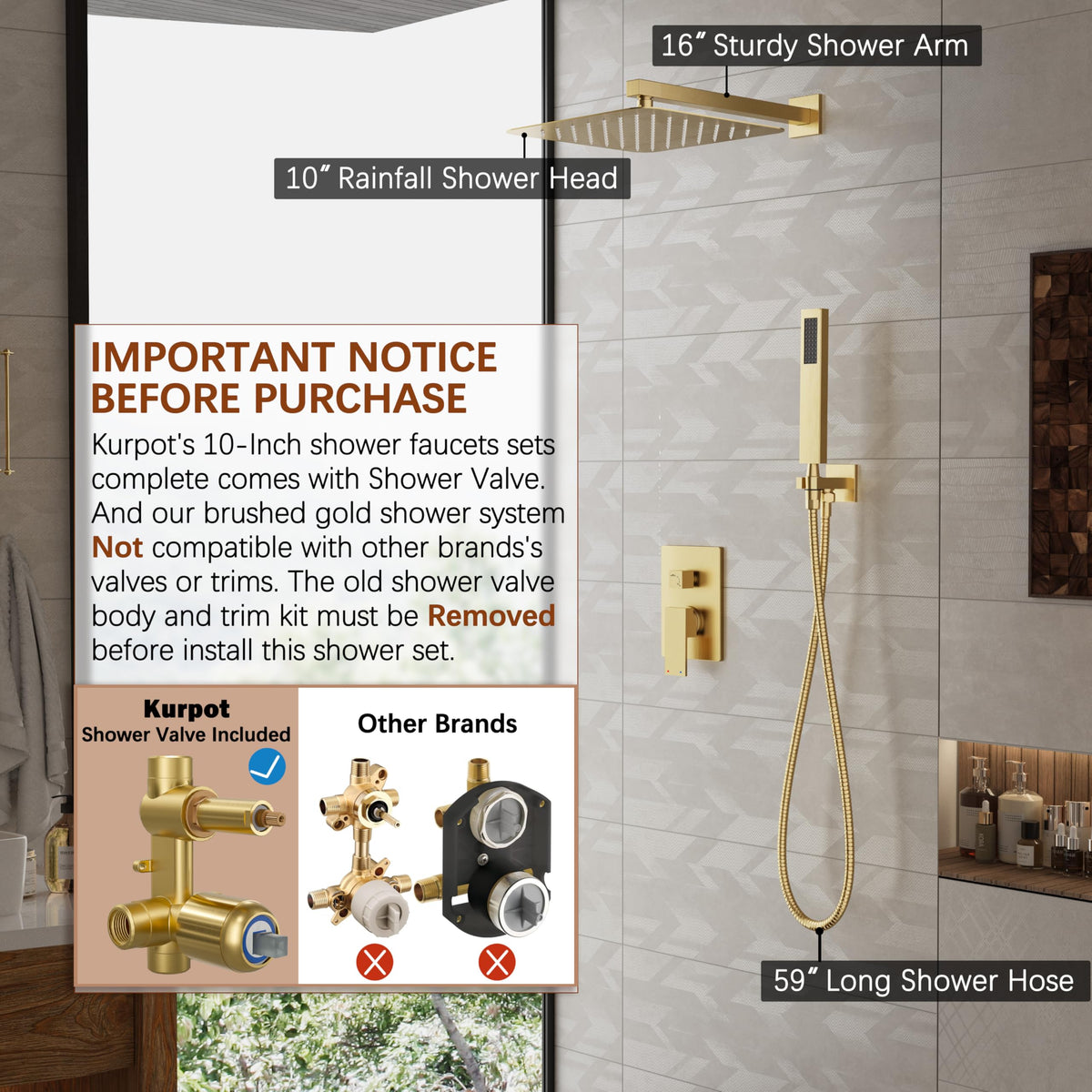 Kurpot handheld shower head with 59-inch hose for flexible reach.
