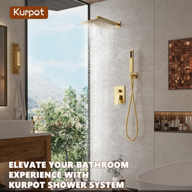 Kurpot wall-mounted shower system shown in brushed gold for elegant bathrooms.