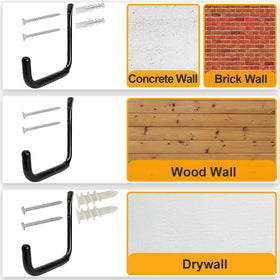 KURUI multi-use hooks organize bikes, chairs, shovels, and cords.