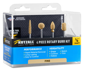 Kutzall 4-piece burr kit with 1/8-inch shaft for precise wood carving.