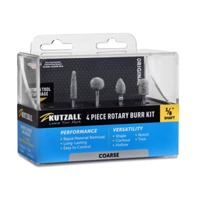 Kutzall 4-piece rotary burr kit closeup shows coarse bits for rapid material removal