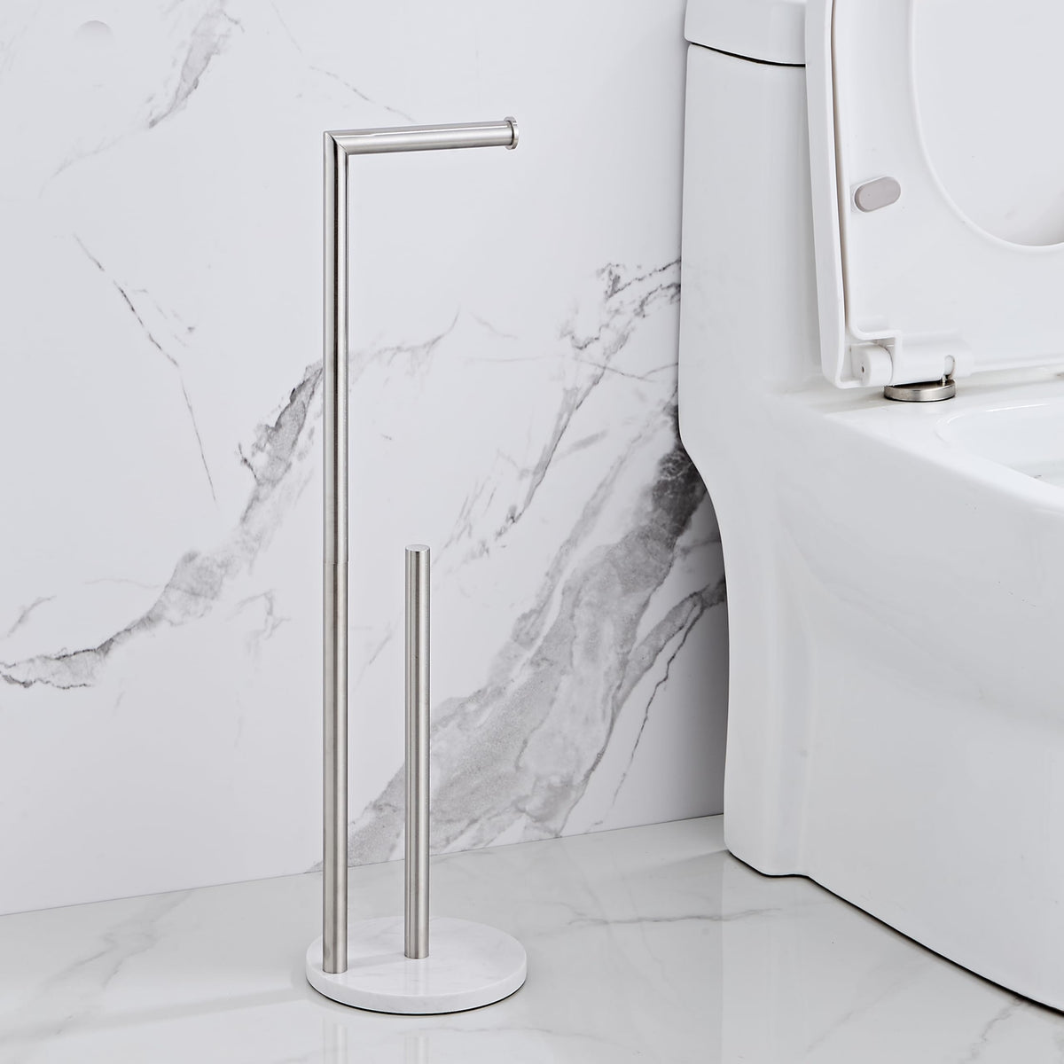 KUUBTH brushed nickel accents elevate the marble design with a luxe feel.