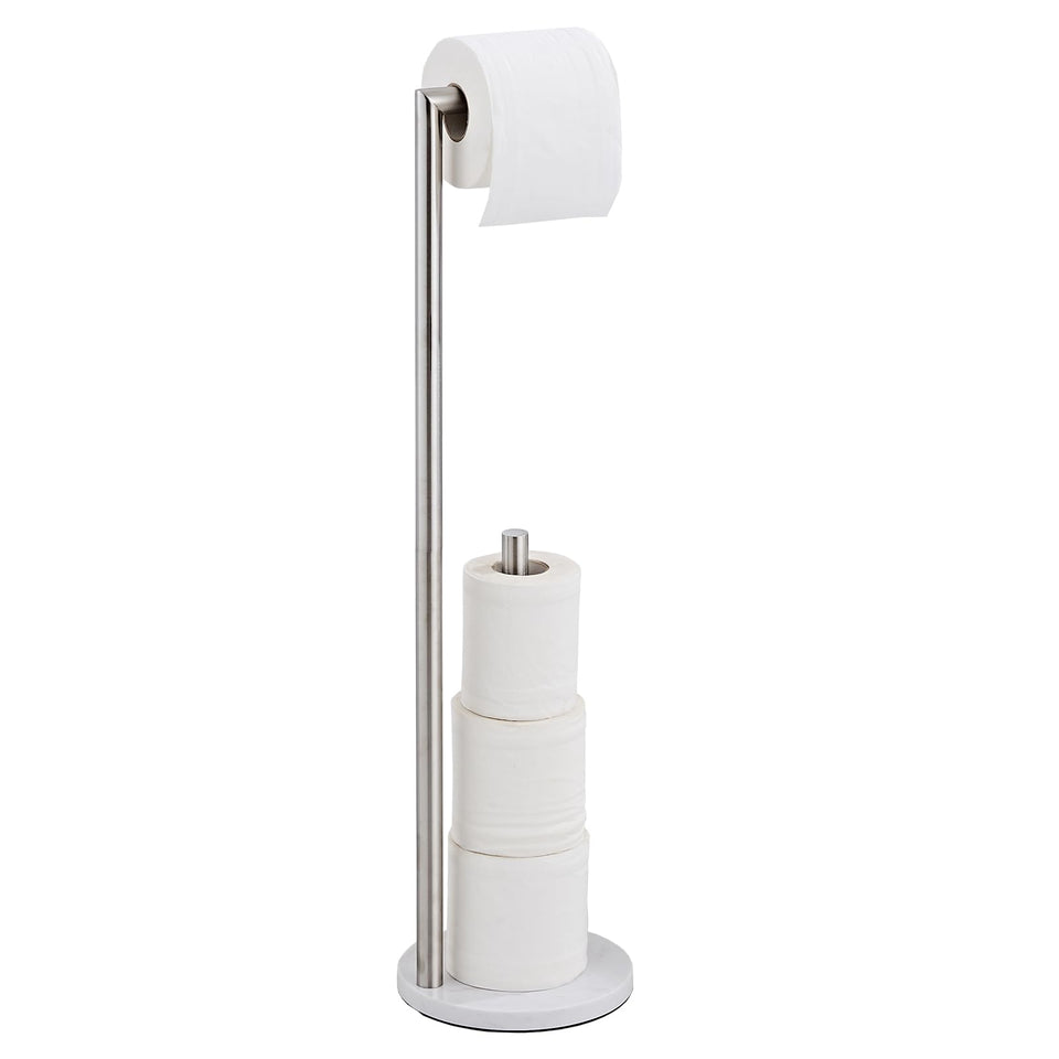 KUUBTH marble toilet paper holder stand with brushed nickel finish enhances bathroom style.