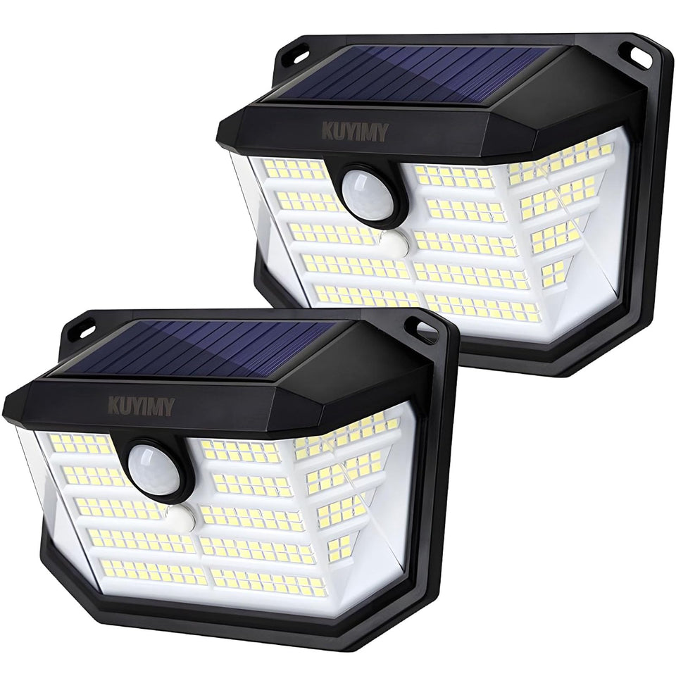 KUYIMY solar outdoor lights illuminate a patio with energy efficient brightness