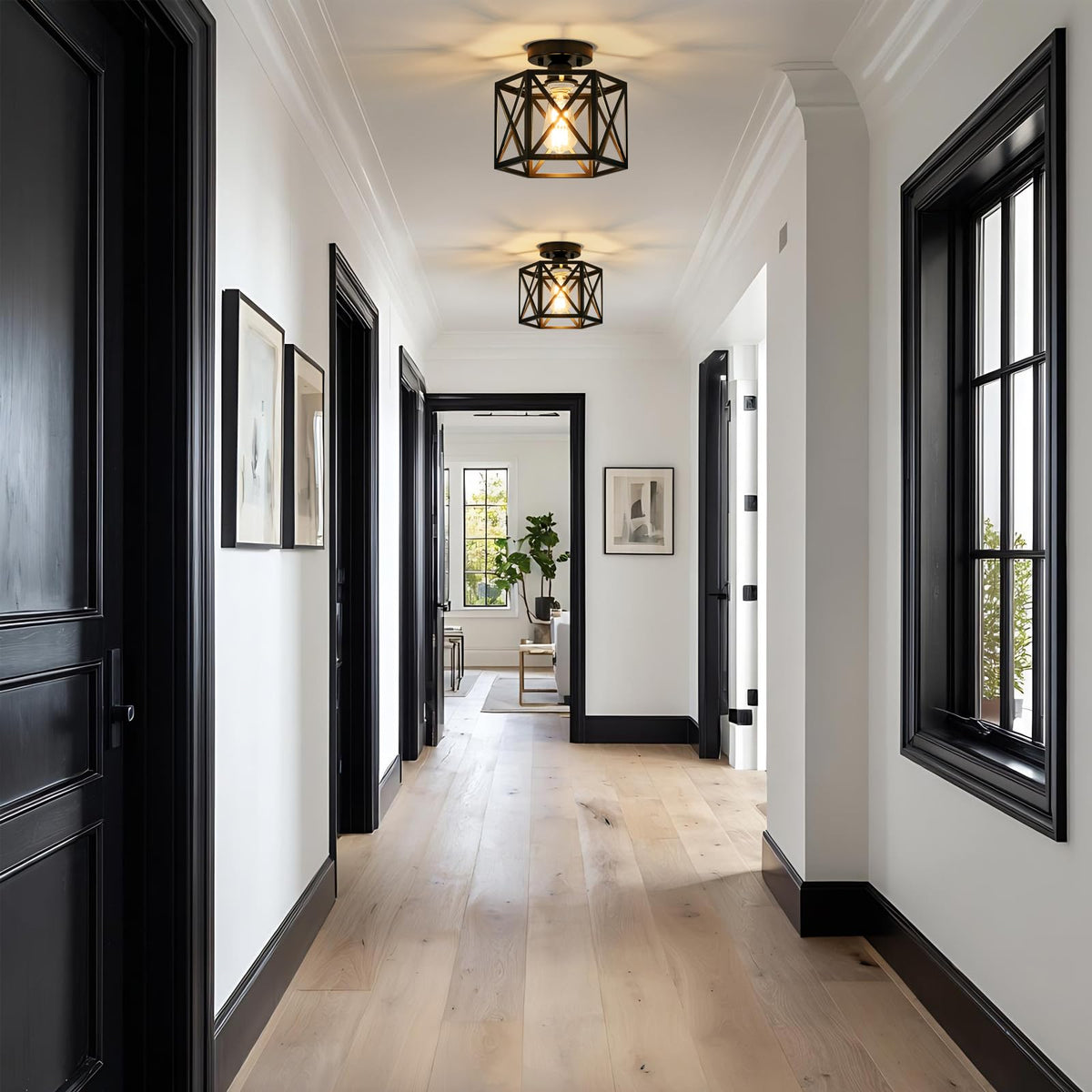 KUZIEG ceiling light hexagonal cage pattern creates decorative ceiling shadows.