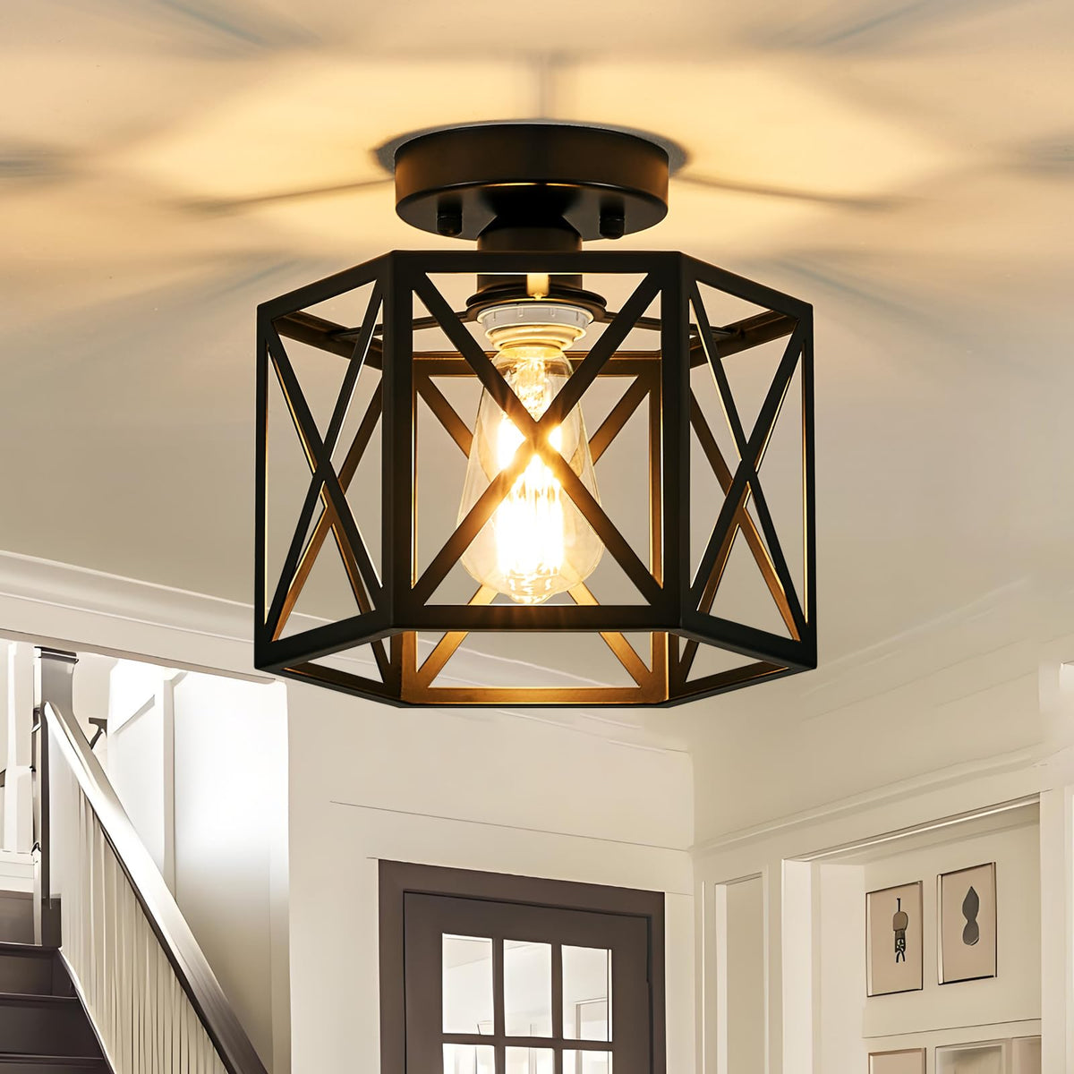 KUZIEG modern farmhouse semi-flush hexagonal cage lights entryways with rustic charm.