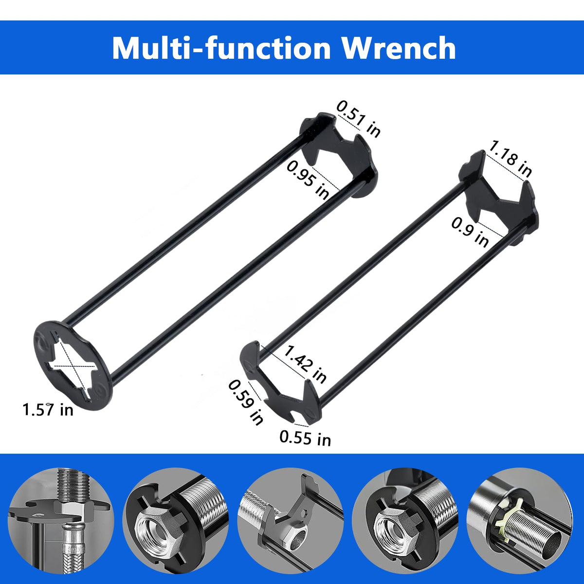 KUZIUA four-jaw hex wrench close-up shows secure nut removal in cramped under-sink areas.