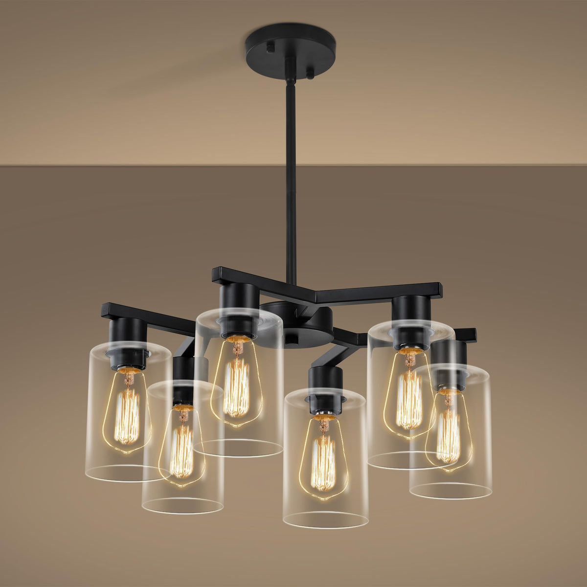 Kvaeavn 6-light chandelier over table with Y-arms and glass shades creates dining ambiance.