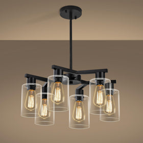 Kvaeavn 6-light chandelier over table with Y-arms and glass shades creates dining ambiance.