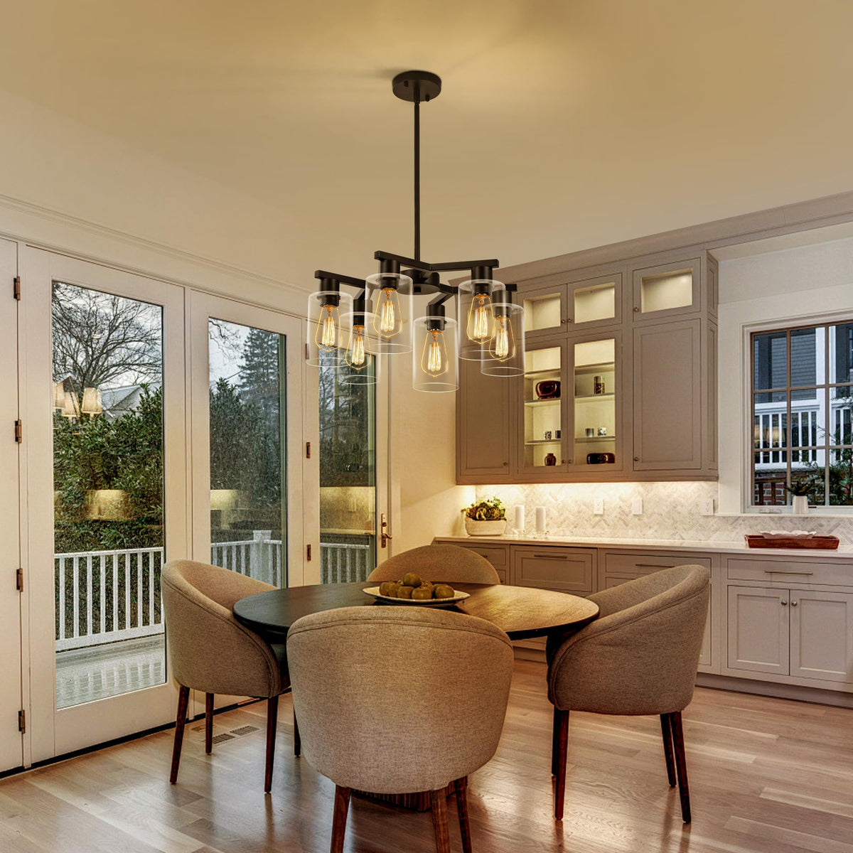 Kvaeavn black farmhouse chandelier with interlocking Y-arms enhances contemporary lighting.