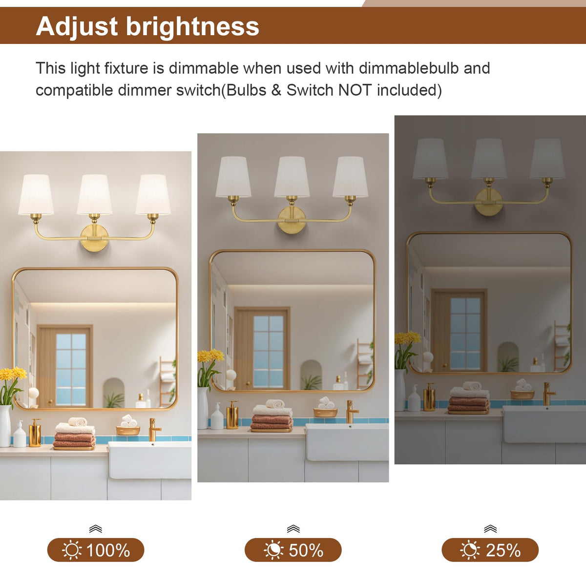 Kvhiiw 3-light fixture ready for dimming with compatible bulbs and switches.