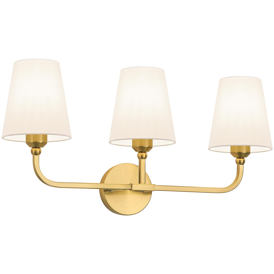 Kvhiiw bathroom vanity light with brushed gold finish provides warm, diffused illumination over the mirror.