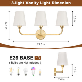 Kvhiiw brushed gold wall light over vanity with white fabric shade for a modern look.