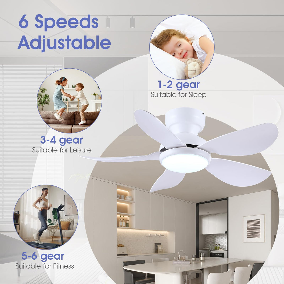 Kviflon 36 inch ceiling fan with light side view, space saving