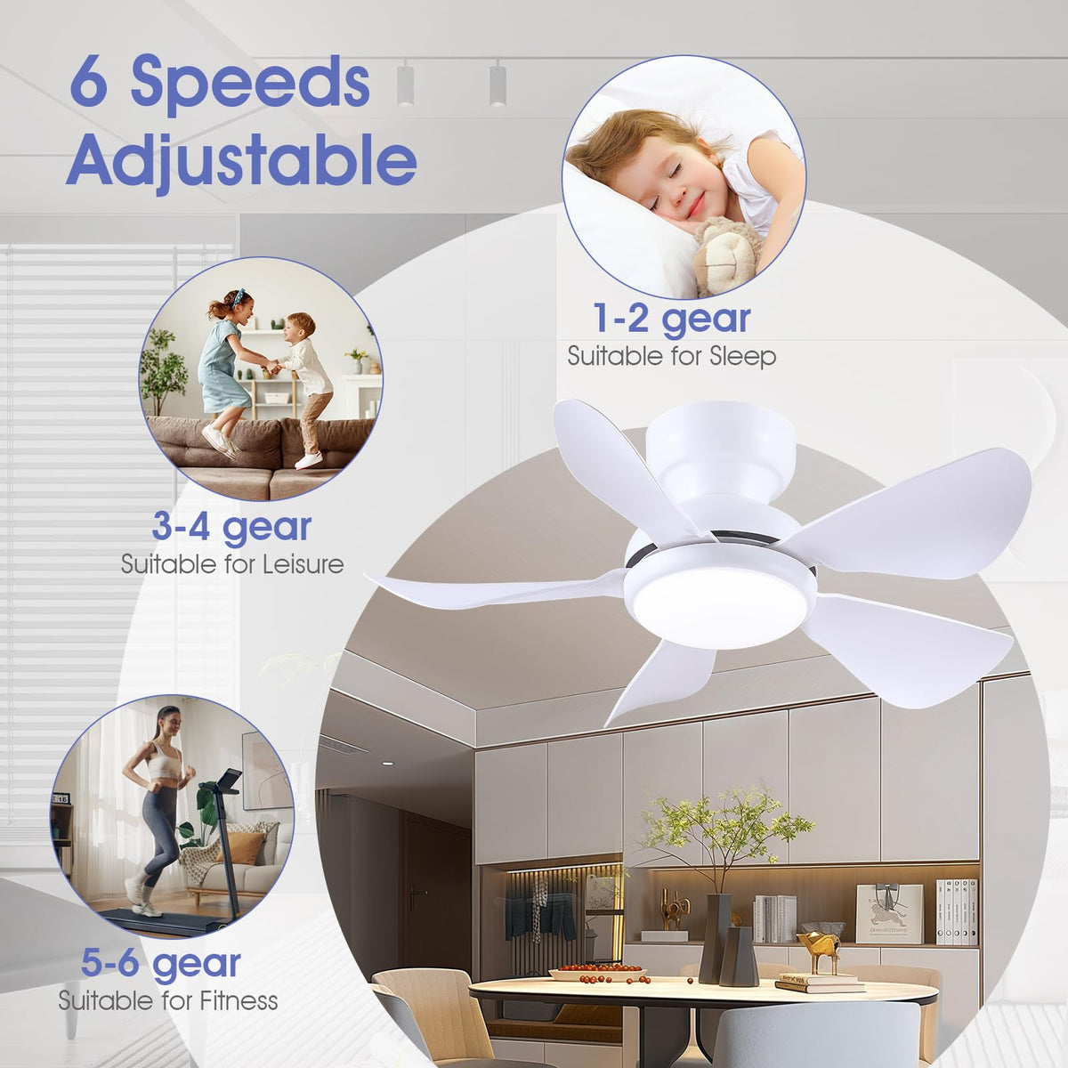 Kviflon flush-mount fan in kids' room providing gentle illumination.