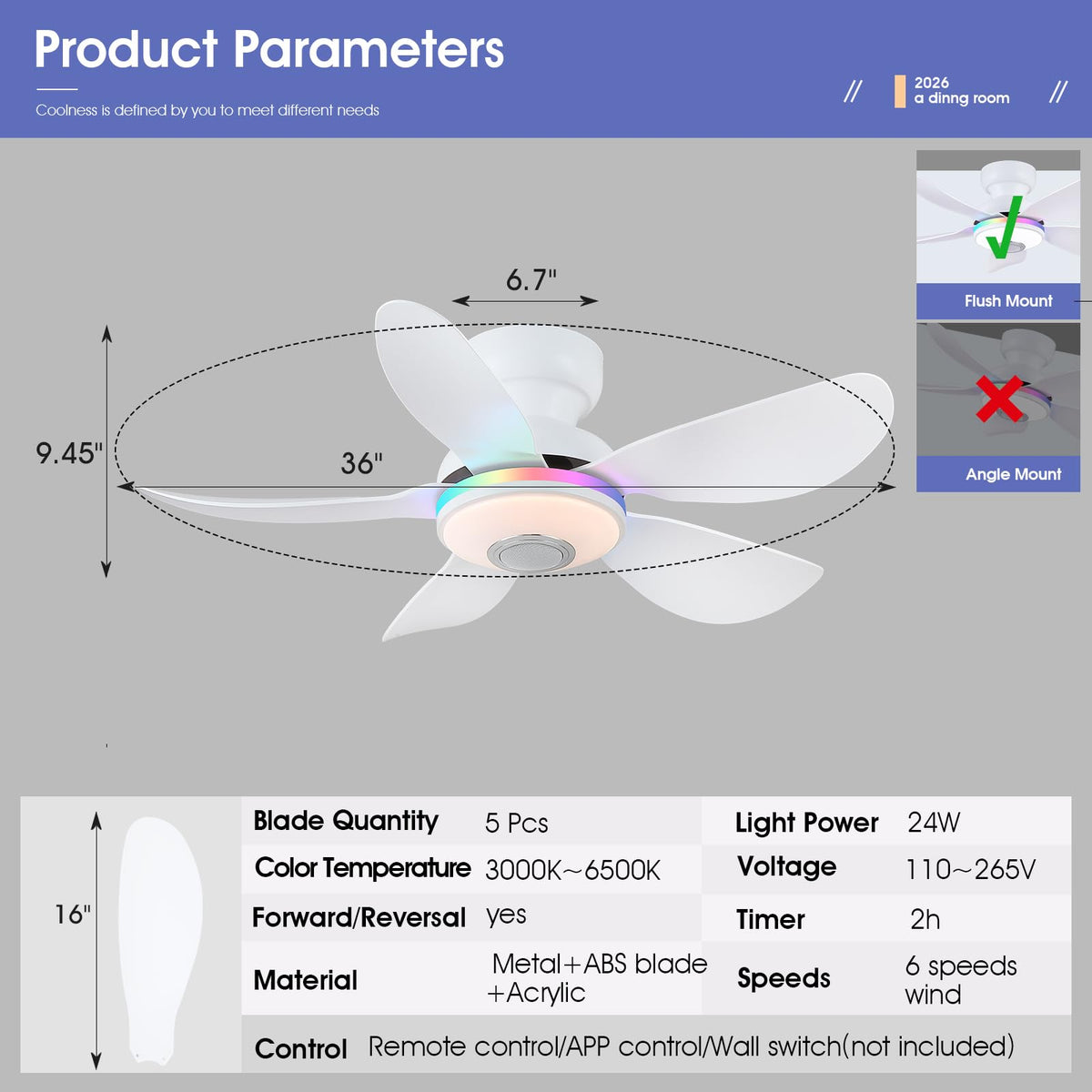 Kviflon smart app and remote control simplify adjusting speed and lighting from anywhere.