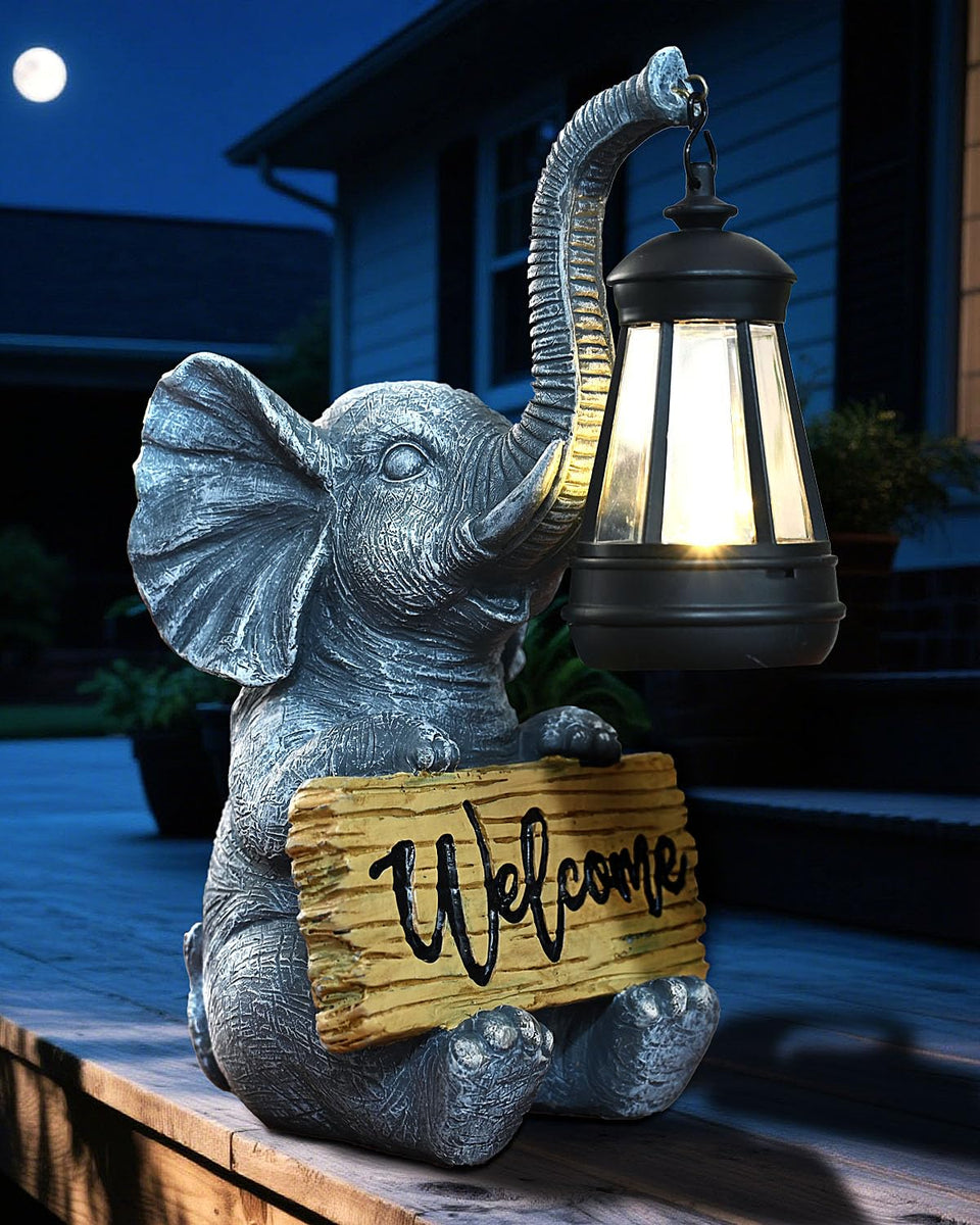 KVR Solar Elephant Garden Light shows durable resin and warm outdoor illumination.