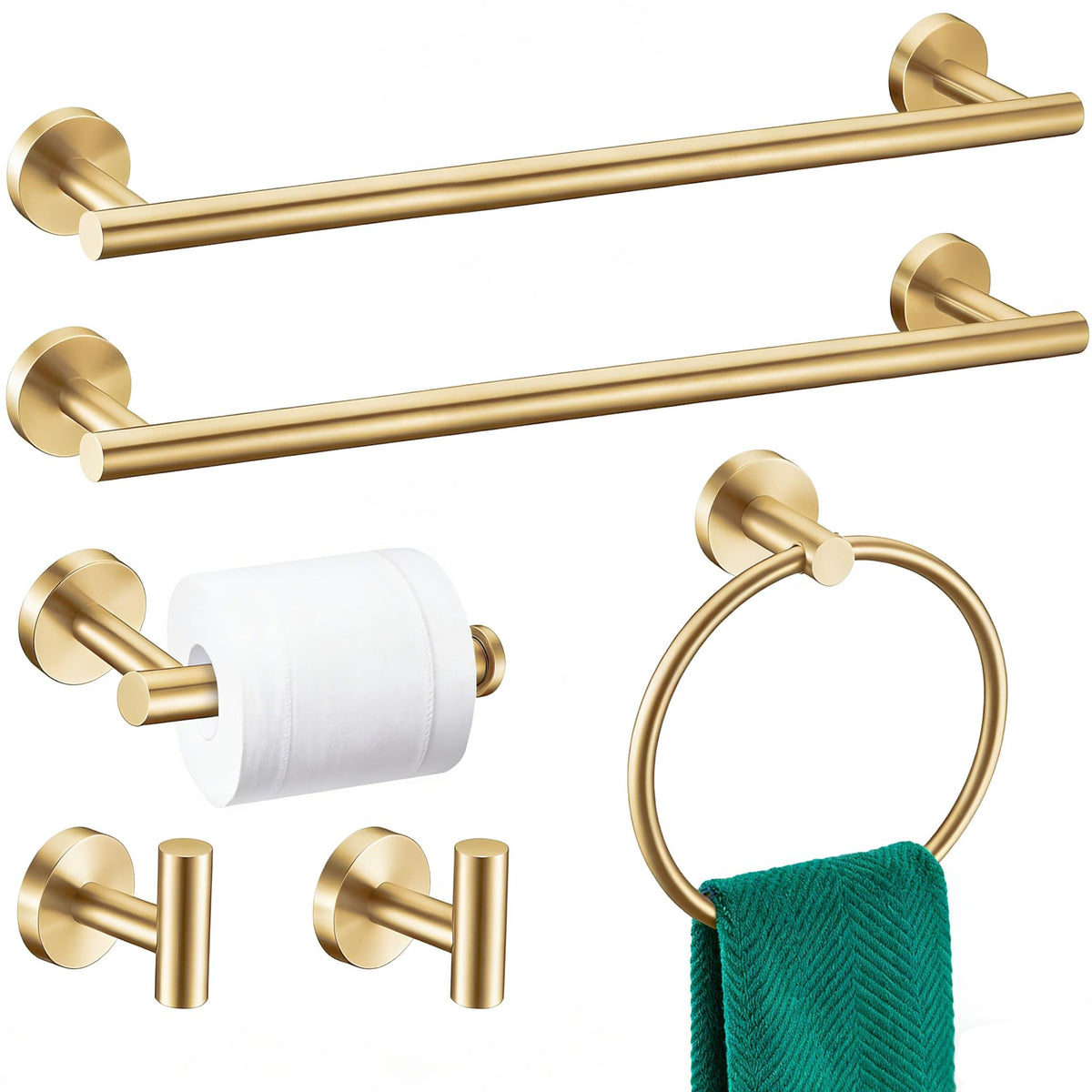 Kwanicas brushed gold towel bar 24in adds modern elegance and towel drying space.