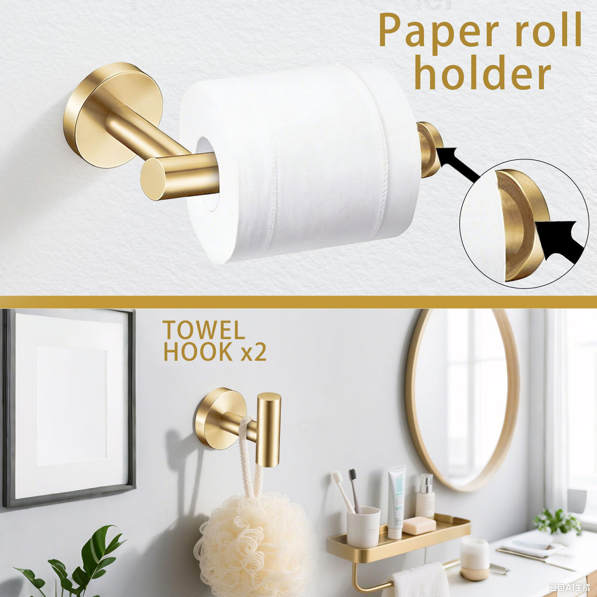 Kwanicas brushed gold towel hook 2.2in saves space and adds finish detail.