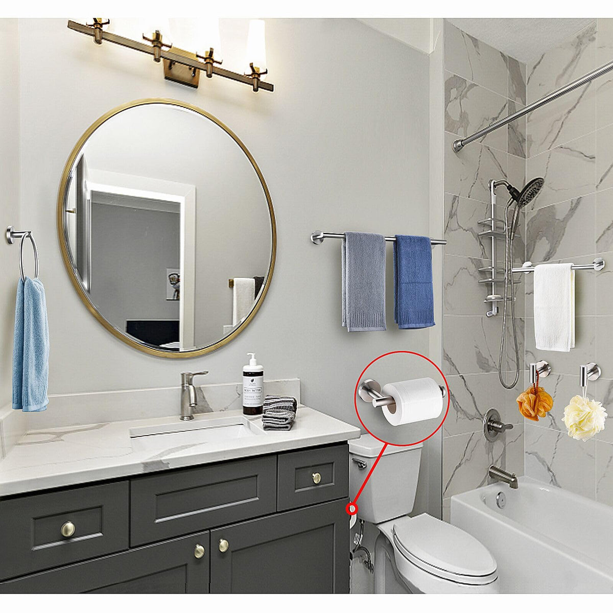 Kwanicas brushed-nickel round towel bar 23.6 inches keeps towels neatly hung.