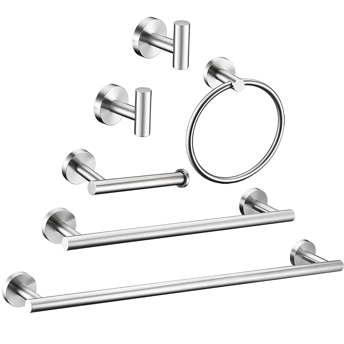 Kwanicas brushed-nickel towel ring adds subtle elegance and rust resistance.