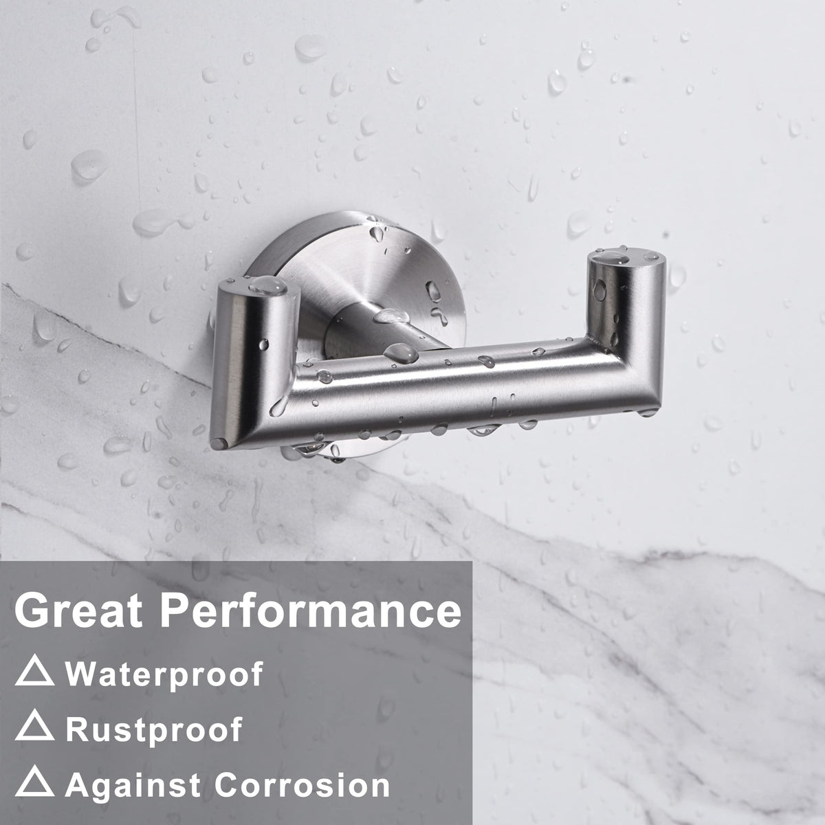 Kwanicas modern brushed nickel wall-mount hook complements décor.