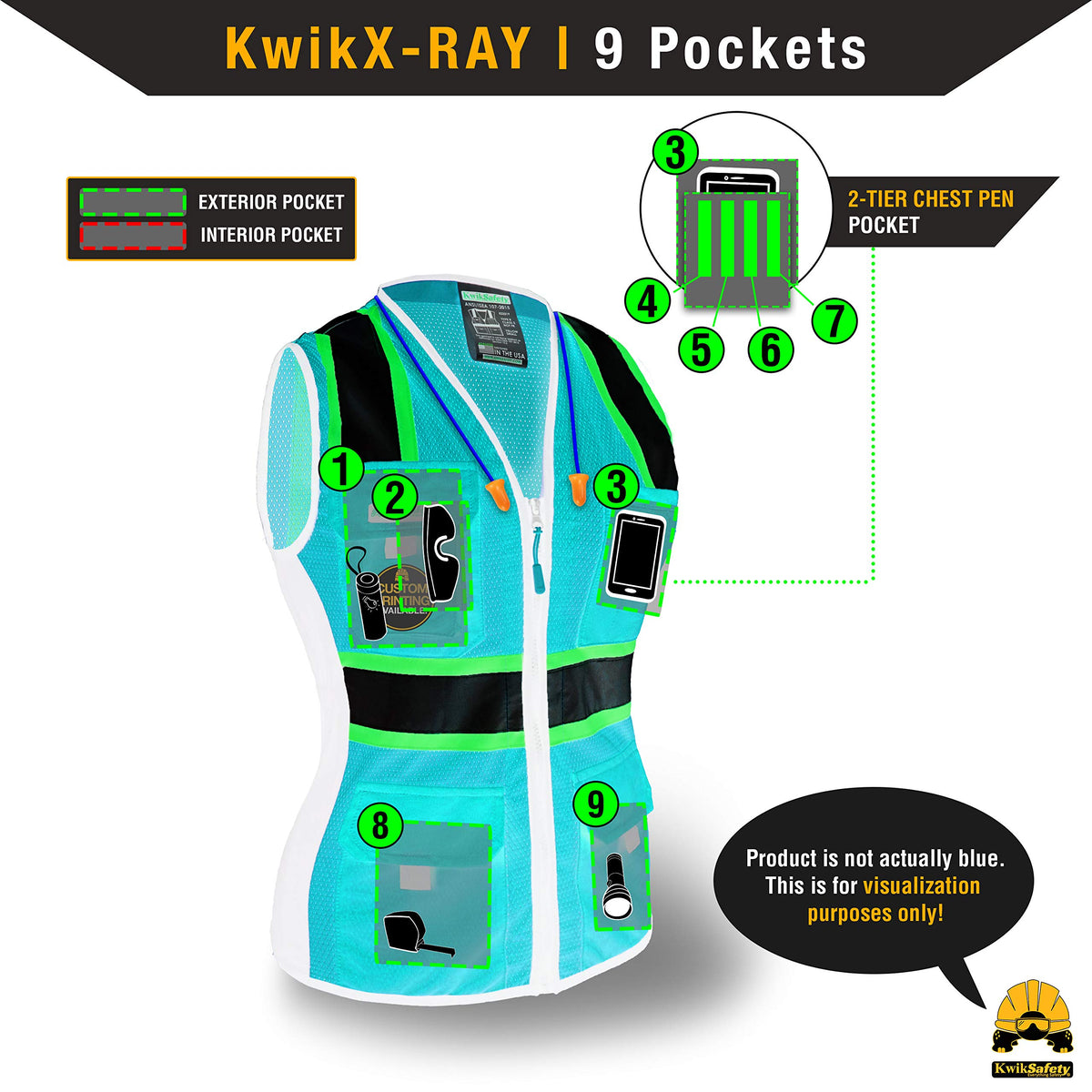 KwikSafety vest offers 9 pockets for organized storage on the job.