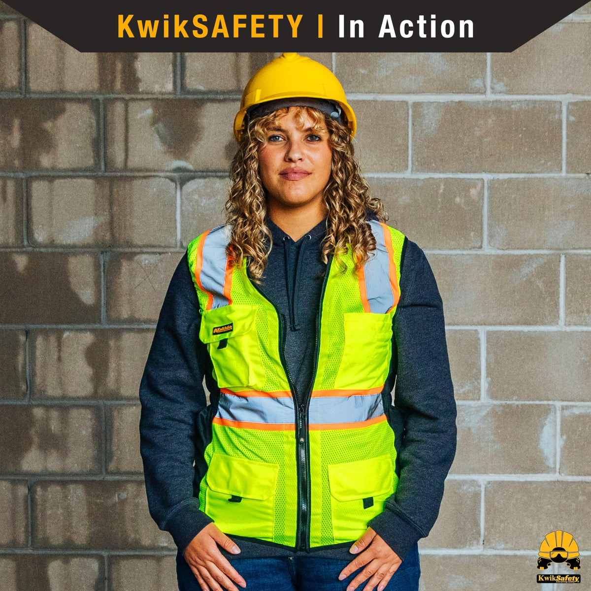 KwikSafety FIRST LADY vest front zip and trim details for a professional look.
