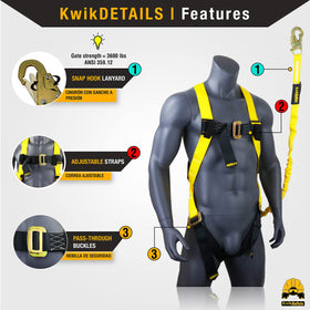 KwikSafety SCORPION harness D-ring close-up emphasizes secure lanyard points.